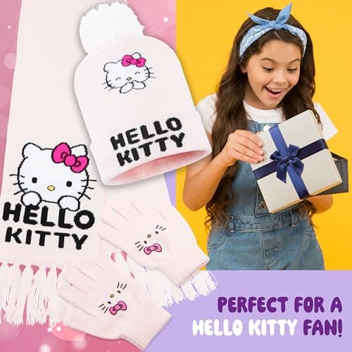 Hello Kitty Girls Scarf Beanie and Gloves Set 3 Piece Kawaii Cosy Warm Winter Accessories Anime Soft Knit for School Travel Days Out (Pink Hello Kitty, 4-12 Years) — view 3
