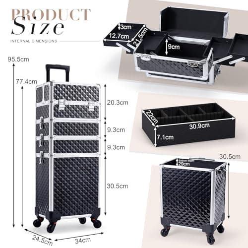 Joligrace 4-in-1 Tall Vanity Case for Women Makeup Box Make Up Beauty Trolley on Wheels Professional Large Makeup Case Organiser Rolling Box Nail Technician case with Locks (Black) — view 5