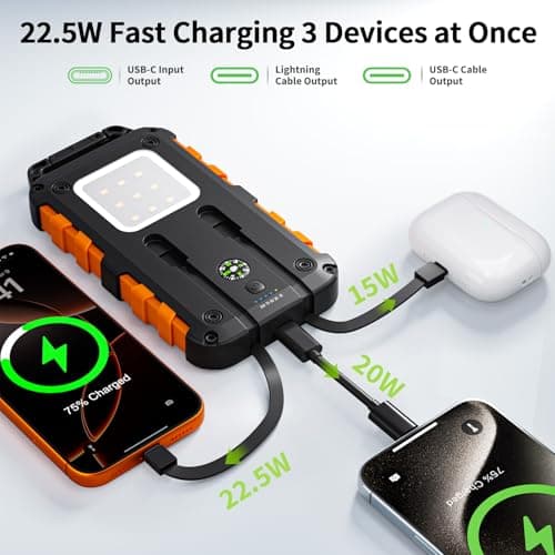 Solar Power Bank 10000mAh, Dual Cables, 22.5W USB-C PD Charger — view 2