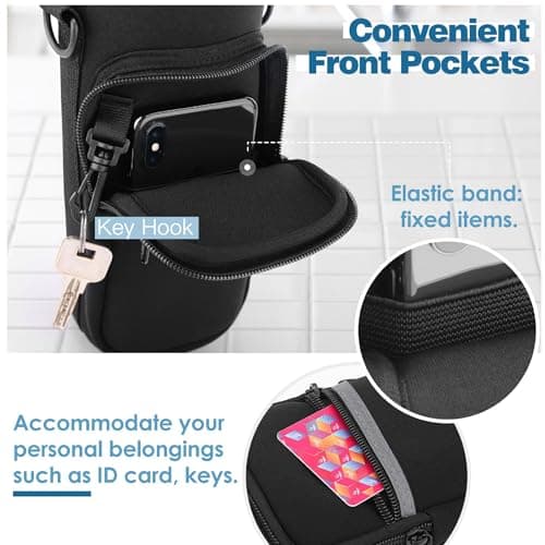 Nuovoware Water Bottle Carrier Bag, 750ml Bottle Pouch Holder, Adjustable Shoulder Hand Strap 2 Pocket Sling Neoprene Sleeve Sports Accessories for Hiking Travelling - Black — view 2