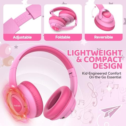 VibeTune Kids Bluetooth Headphones, 60H Playtime, Volume Limited 85/94dB, Bluetooth 5.4, Type-C Fast Charging, Foldable Wireless Headphones for Kids, Toddler Headsets with HD Mic (Pink) — view 4