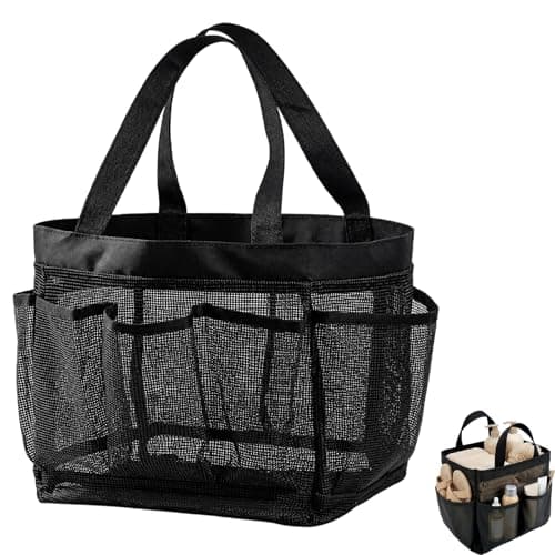 1 Pack Quick Dry Mesh Shower Bag, Portable 8 Pockets Bath Organiser Shower Caddy Tote with 2 Handles Hanging, for College Dorm Room Essentials, for Beach, Swimming, Gym, Travel Essentials (Black)
