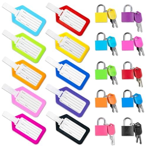 10 Pack Luggage Locks with Key+ 10 Pack Travel tag, Luggage Tags for Suitcases Bag Tags Name Tags, Mini Padlocks Durable Locks for Suitcases Backpacks Boxes Cabinet and Laptop Bags (Colorful)