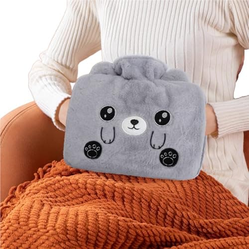 Double-Hand Water Bottle with Fleece Cover UK 1.2L Leakproof Large Rubber Hot Water Bag Fluffy Hot Water Bottles for Hands Neck Shoulder Pain and Hand Feet Warmer Pain Relief