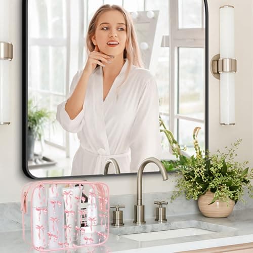 Clear Makeup Bag for Women Girls,Clear Travel Toiletries Bag Pink Bow Cosmetic Bag Travel Toiletry Bag,Waterproof Travel Makeup Bag Travel wash Bag for Travelling Cosmetics Birthday Gifts (Pink) — view 5