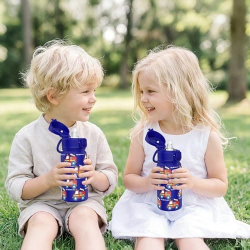 GOPPUS 350ml/12oz Kids Stainless Steel Water Bottle with Straw Toddler Drinks Bottle with Handle Small Insulated Bottles School Cold Metal Flask with Flip Top Lid BPA Free (Blue Fire Engine) — view 6