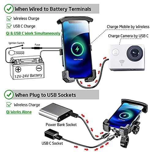iMESTOU Anti-Theft Motorcycle Wireless Phone Mount Charger 15W & USB C 3A Handlebar 1" Ball Stem Phone Holder Works with 12V/24V Vehicle/USB Socket 720 Rotation Quick Charge for 4.0-7.0" Cellphones — view 2