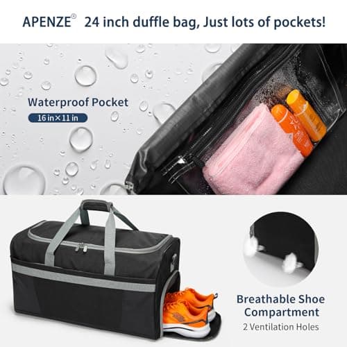Apenze 65L Mens Gym Bag Sport Holdall with Wet/Shoe Compartment - 24 inch Multi-Pockets Duffel Bag for Travel/Gym/Sports - Black — view 2