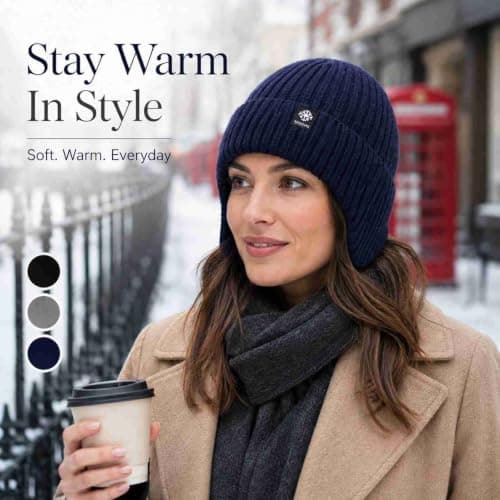 Beanie Hat, Fleece-Lined Rib-Knit, Ear Coverage, Navy, 1-Pack, 50–58 cm — view 6