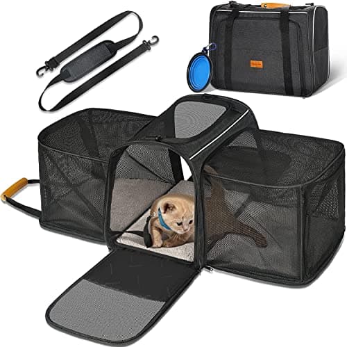 Morpilot Cat Carrier Expandable - Airline Approved, Top Opening Portable Dog Bag with Breathable Mesh/Removable Mat, Adjustable Shoulder Strap & Bowl, M, Grey (Max 7kg)