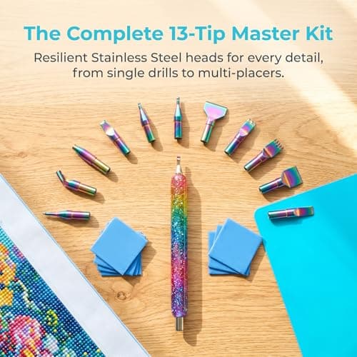 Diamond Painting Pen Kit, Ergonomic Resin Diamond Art Pens with 13 Metal Tips, Multi Placer Drill Pen Set for DIY Diamond Painting Accessories with Storage Box & Wax (Pink & Rose Gold) — view 3
