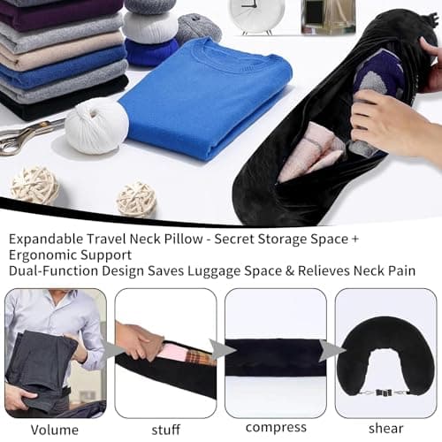 Rayakt Stuffable Neck Pillow for Travel, 80 * 18.5cm Adjustable Travel Neck Pillows, Ultra-Soft Washable Pillow with Storage Bag, Fillable with Clothes for Plane, Train & Car Essentials (Black) — view 4