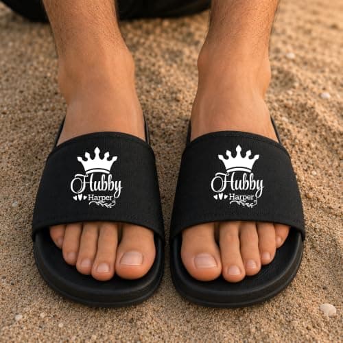 Be Buz Personalized Couple Slide Sandal, Custom Hubby Wifey Slippers with Names and EST Date, Matching Bridal Shower Honeymoon Wedding Gift Flip Flops — view 5