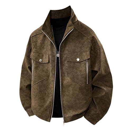 Lay U Home Men's Leather Jacket Casual Spring Coat, Genuine Leather Look Outerwear, Fashion Biker Style Top, Autumn Spring Leather Coat with Finish and Comfortable Fit