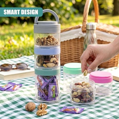 GEEZY 3 Piece Stackable Snack Pots with Lids & Removable Handle - Portable Tower, Travel Food Containers for Kids & Adults - Small Storage Jar Organisers for Nuts, Fruits, Lunch, Office, Camping — view 5