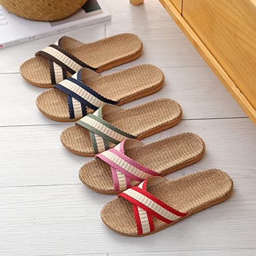 wide fit sandals for women Linen Slippers Mens Crossover Sliders Non-Slip Indoor Slipper Moisture Wicking Flax Slides Open Toe Mule Shower Slipper Summer Beach Sliders travel slippers — view 5