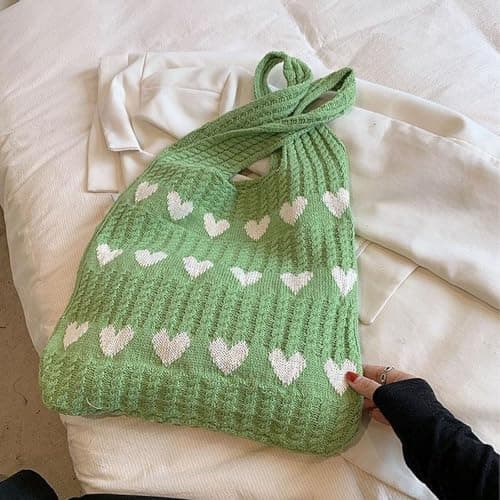 Crochet Tote Bag, Women Knitted Handbags, Mesh Beach Bag, Beach Bag for Women, Retro Crochet Mesh Beach Tote Bag, Boho Shoulder Bag for Holiday Daily Work Shopping Travel(Green+White) — view 2