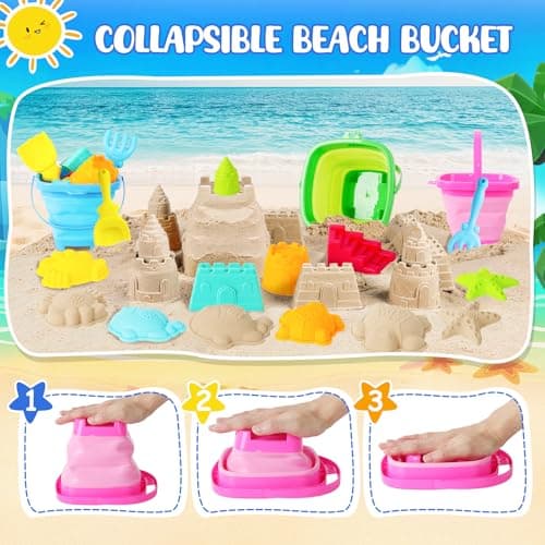 Beach Sand Toys for Kids,12 PCS Collapsible Beach Toys Set and Spade Set with Mesh Bag,Castle&Aninal Moulds ,Travel Beach Essentials for Children,Gardening Beach Outdoor Toys for Boys Girls (Pink) — view 5