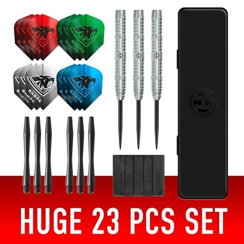 Harrows Sabre 90% Tungsten Steel Tip Darts Set – Professional Precision 21g to 26g | 23pc Bundle with Spare Shafts, Marathon Flights & Travel Case | Pro Player Tested, Tournament Quality - 23g — view 2