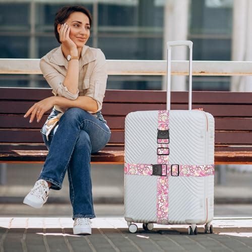 MOTONG 2 PCS Luggage Strap,200 CM Adjustable Suitcase Straps Personalised Luggage Straps Suitcases Heavy Duty Suitcase Belts Thickened Luggage Belt with Quick Release Buckle Pink — view 2
