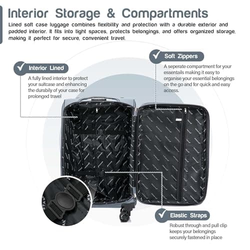 Aerostar Medium 26” Lightweight Softshell Expandable Suitcase, Integrated Combination Lock, 4 Wheels Check in Luggage for 15 to 20kg (Grey, 77 litres) — view 5
