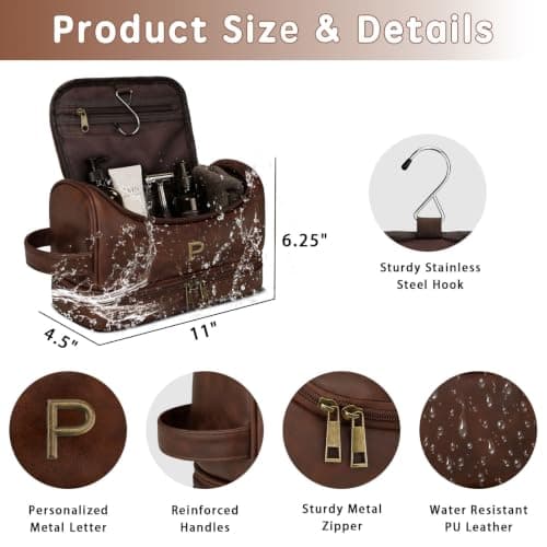 CLOUDWINGS Personalized Toiletry Bag for Men - Custom Gifts for Men Him Dad Husband Boyfriend Groomsmen, Initial PU Leather Travel Shaving Kit Bag, Travel Essentials, Birthday Gifts for Men (P) — view 5