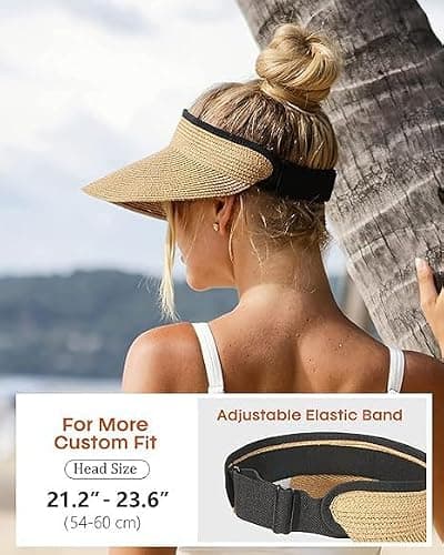 Women's Straw Sun Visor Hat, Wide Brim UPF UV Protection, Packable Ponytail Beach Visor for Summer Outdoor Travel Khaki — view 3