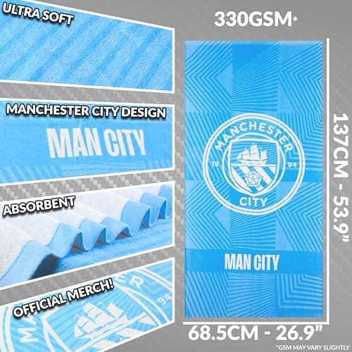 MANCHESTER CITY F.C. Bath Towel for Men Women Teens Boys 100% Cotton Quick Dry Football Crest Beach Towel Swim Gym Holiday Shower Supporters' Gear 137 x 69cm (Blue, 137x68.5cm) — view 6
