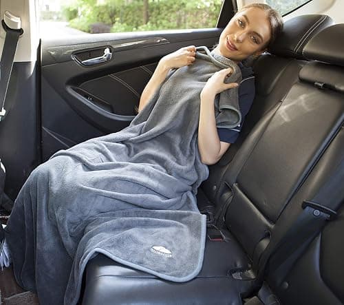 BlueHills Premium Soft Long Travel Blanket Pillow for Tall Airplane Flight Blanket Throw in Soft Bag case with Hand Luggage Belt & Backpack Clip Compact Pack Large Blanket Grey Gray T052 — view 4