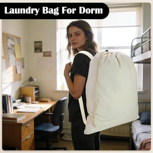 Canvas Laundry Bag with shoulder Strap 23"W x 29"H, Large Drawstring Dirty Clothes Bag Washable Laundry Sack for College Dorm, Travel, Home, Camp (Beige) — view 6