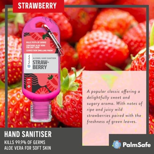 Palm Safe Strawberry 3 Pack 60ml Anti Bacterial Premium Hand Sanitiser Travel Size Refillable Clip Bottle Quick Drying Non Sticky Extra Moisturising Kills 99.9% of Viruses and Bacteria — view 6