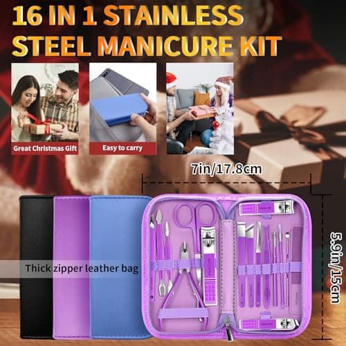 Manicure Pedicure Set - 16 Pcs Nail Clipper Set Professional Nail Grooming Tools Manicure Pedicure Kit, Nail Care Kit Idea for Men Women with Travel Case Purple — view 6