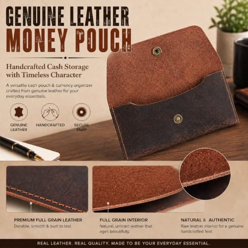 TheAntiq Leather Cash Envelope Wallet Slim Money Organiser Minimalist Travel Currency Pouch for Cash & Cards Full Grain Leather (Brown) — view 4