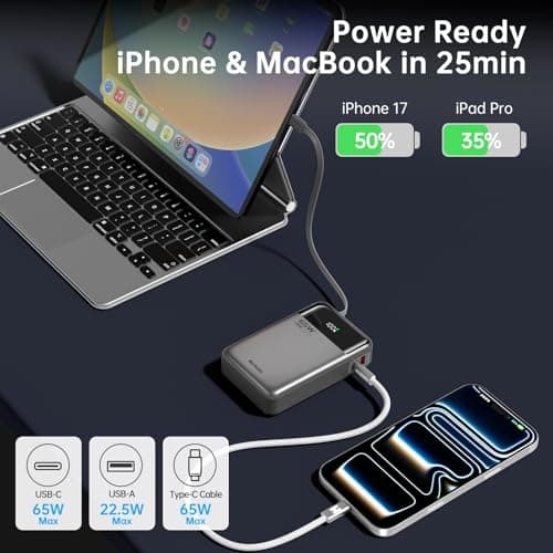 Hichain Laptop Power Bank 65W 20000mAh Portable Charger with Built-in USB-C Cable, 3-Port Fast Charging Battery Pack for MacBook iPhone 17 16/15 Series Android Switch Travel Essential Gray — view 5