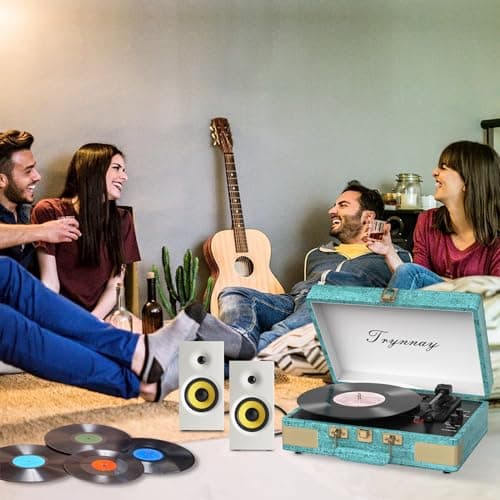 Trynnay Record Player 3 Speed Bluetooth Portable Suitcase Vinyl Player with Built-in Speakers Turntable Enhanced Audio Sound Sky Blue — view 6