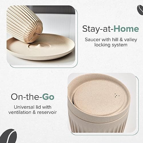 HUSKEE Coffee Cups with Lids - Reusable Coffee Cup with Unique Fins for Espresso, Cappuccino, Americano, Mocha - Insulated & Portable Latte Cups Made with Repurposed Coffee Husks (Natural, 12oz) — view 6