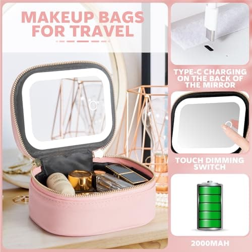 Extrei Gent Small Makeup Bag Travel Train Case with Mirror and Light Mini Travel Makeup Train Case Cosmetic Organizer 3 Adjustable Brightness Toiletry Bag Portable Artist Storage, Pink, S, Mini Ature — view 3