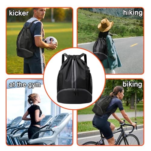 WUBAYI Football Boot Bag, Sports Kit Gym Sack Swimming PE Large Drawstring Bag Unisex With Wet And Dry Separation, Waterproof Gym Bag for Adults Men Women Travel, Sports Beach Holidays(Black) — view 6