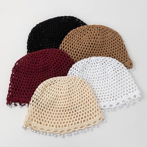 Julpsk Women's Lightweight Handmade Crochet Hat Boho Pearl Trim Beanie Cap for Beach Travel, 2 Beige, One Size — view 5
