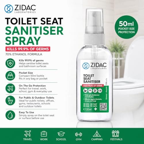 Zidac Toilet Seat Sanitiser Spray 50ml, Pocket/Handbag Size Toilet Cleaner, 70% Ethanol Portable Bathroom Hygiene Spray for Public Toilets, Outdoor Toilets, Travel, Camping, Work, School & On The Go — view 3