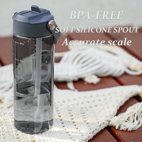 GOPPUS 600ml/20oz Clear Water Bottle with Straw, Tritan Leakproof Sports Drinking Bottle, BPA Free Wide Mouth Gym Bottle with Handle and Measurement Marks for School, Gym, Travel (Grey) — view 4