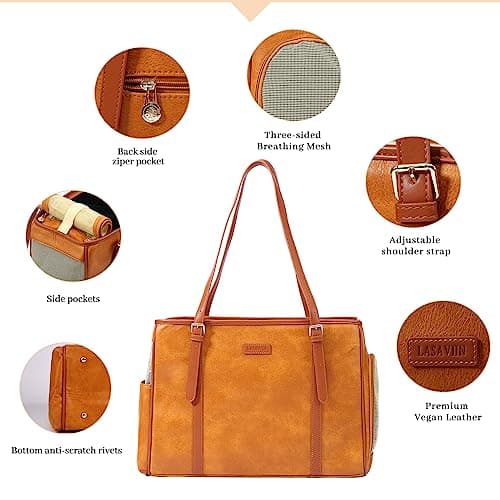 Lasaviin Leather Carrier Bag for Small Dogs Cats Puppies Airline Approved Brown — view 4