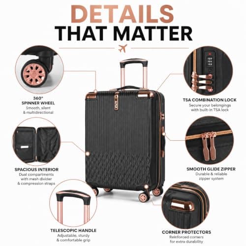 XPLR 4 Piece Hard Shell Luggage Set - Durable ABS Lightweight Suitcase - 14" 20" 24" 28" Cabin Carry On - TSA Lock - 360° Spinner Wheels - Rose Gold Trim & Vanity Case (Midnight Noir) — view 4