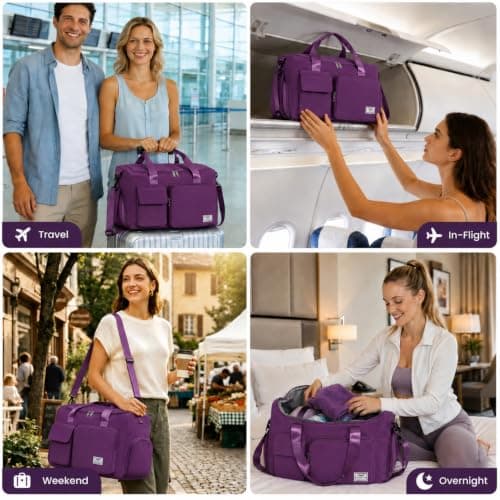 FIORETTO Womens Mens Sports Gym Bag Duffle Bag with Shoes Compartment, Weekend Travel Bag Overnight Bag for Women, Water Resistant Holdall Hospital Bag for Swimming Purple — view 6