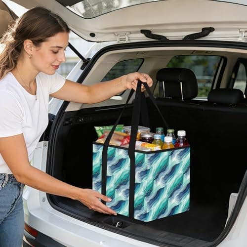 Grckit Car Trunk Organizer Teal Hues Fluid Texture Heavy Duty Collapsible Storage Tote Bag with Reinforced Handles for Shopping Travel Picnic — view 6
