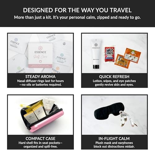 Essence Travel Amenity Kit | Travel Essentials & Travel Size Toiletries Kit | 5-Pack Nasal Diffuser Rings, Sleep Mask, Lotion & Hygiene Kit | Travel Toiletry Kit for Women | Pink Case — view 3