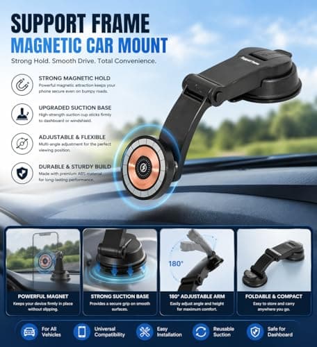 Ultra-Secure Magnetic Wireless Car Charger, Car Phone Holder Wireless Charge, 360 djustable Dashboard Magnetic Phone Charger, Foldable Suction Cup Mobile Mount Charging for 17/16 Pro Max & More — view 3