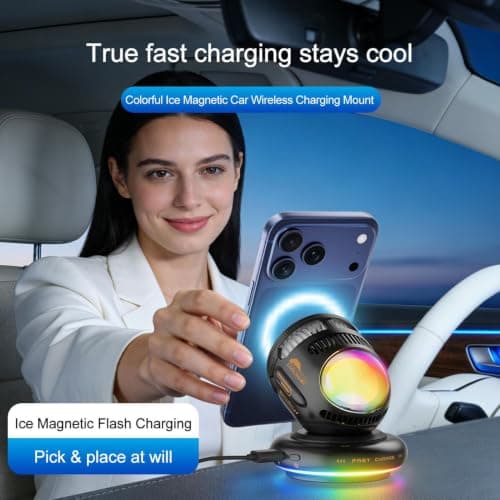 Magnetic Car Phone Mount 360 Rotating Fast Charging Cooling with Lights — view 2