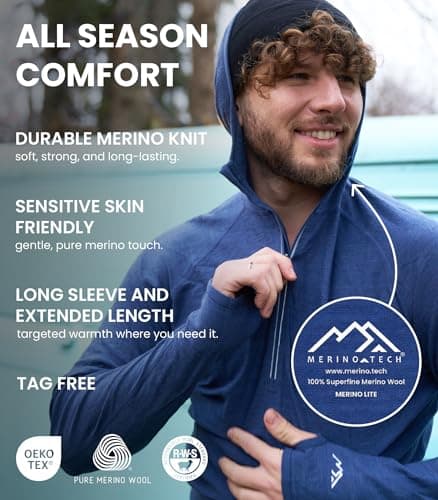 100% Merino Wool Base Layer Men Lightweight Hoodie, Merino Wool Long Sleeve (Charcoal Grey, L) — view 4