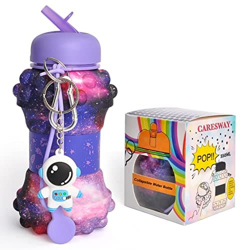 CARESWAY Kids Water Bottle with Keyring – 500ml Girls & Boys Kids Drinks Bottle - Foldable Collapsible BPA Free Childrens Water Bottle - Poppet Fidget Kids Water Bottles for School (Galaxy) — view 2